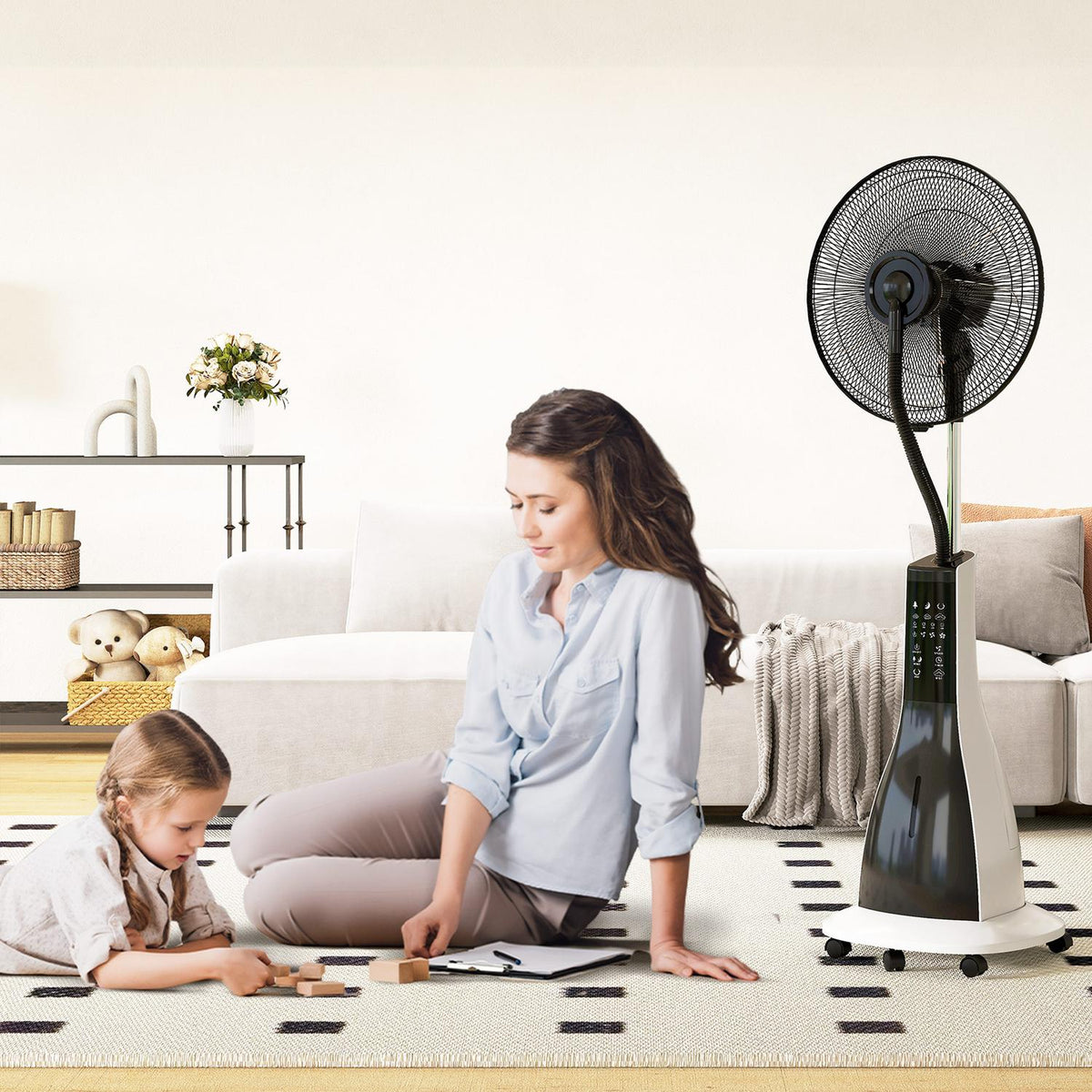 Water Cooling Fan Stand Fan with Spray Mist Remote Control Timer Oscillating 3 Levels 3L Water Tank 90W Water Fan with Wheels 125cm