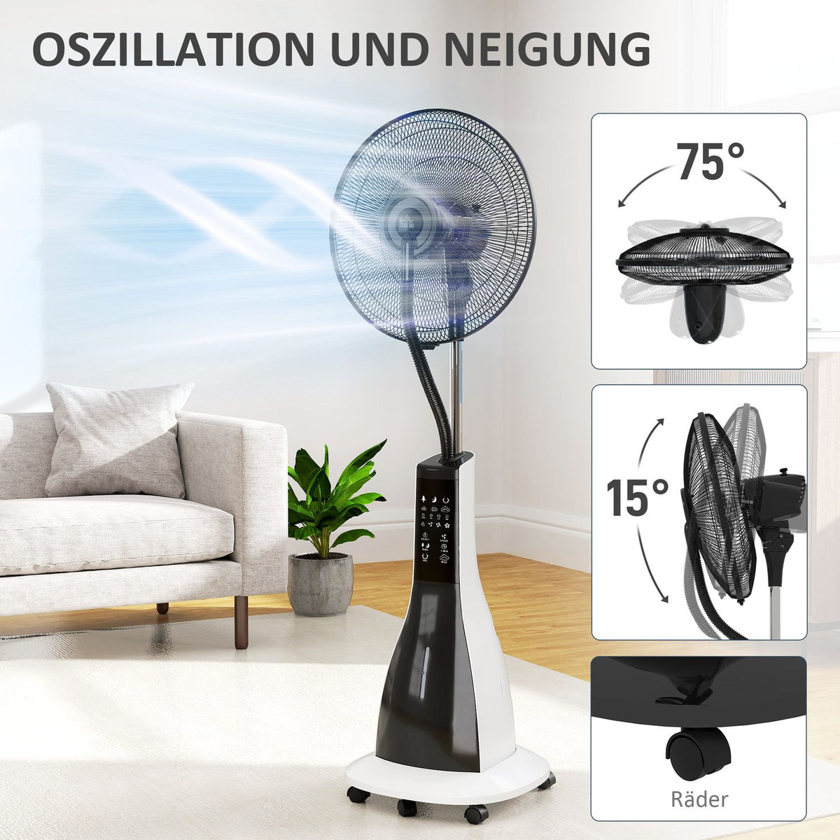 Water Cooling Fan Stand Fan with Spray Mist Remote Control Timer Oscillating 3 Levels 3L Water Tank 90W Water Fan with Wheels 125cm