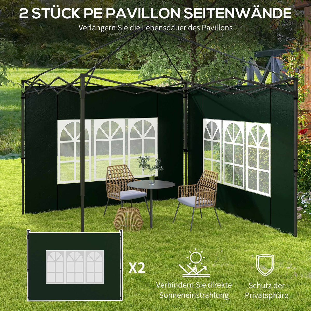 Waterproof Pavilion Sidewalls with Windows, 2-Pack, Green