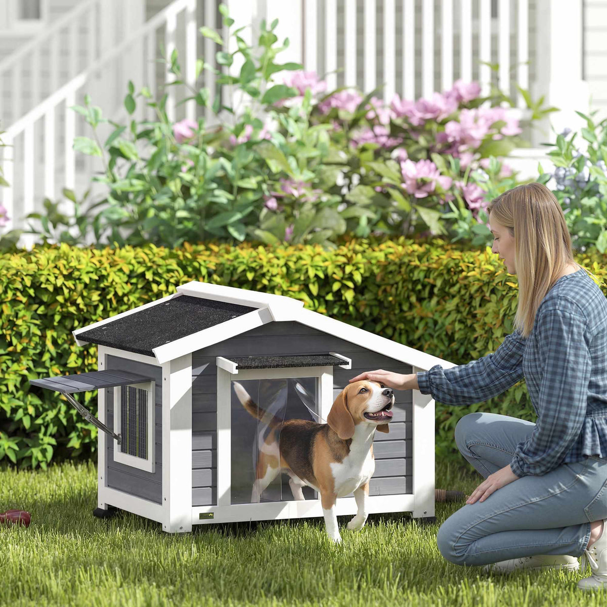 Weatherproof Wooden Dog House with Removable Floor, Grey