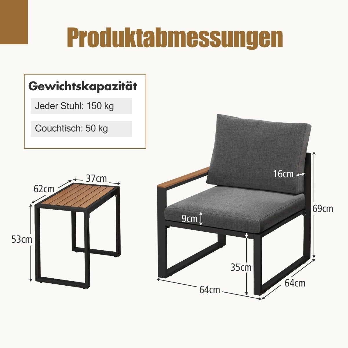 Weatherproof garden furniture set with aluminum frame and soft cushions. Balcony set with 2 chairs and table