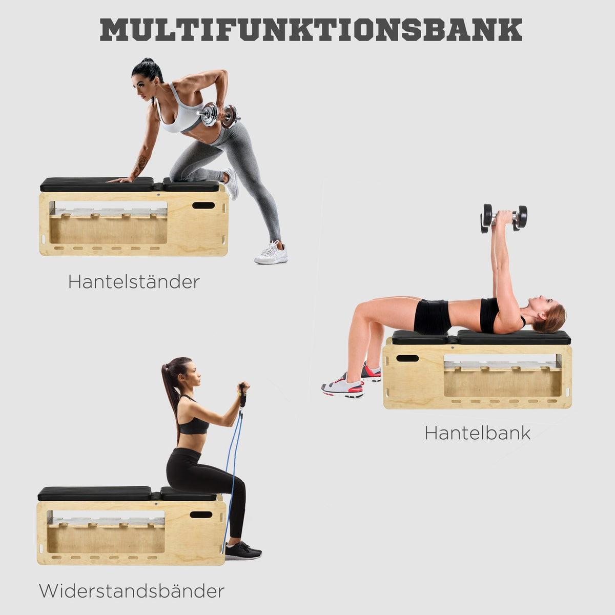 Weight Bench, Training Bench With Storage Box And Resistance Bands, Adjustable Fitness Bench For Weight Lifting, Strength Training, Solid Wood