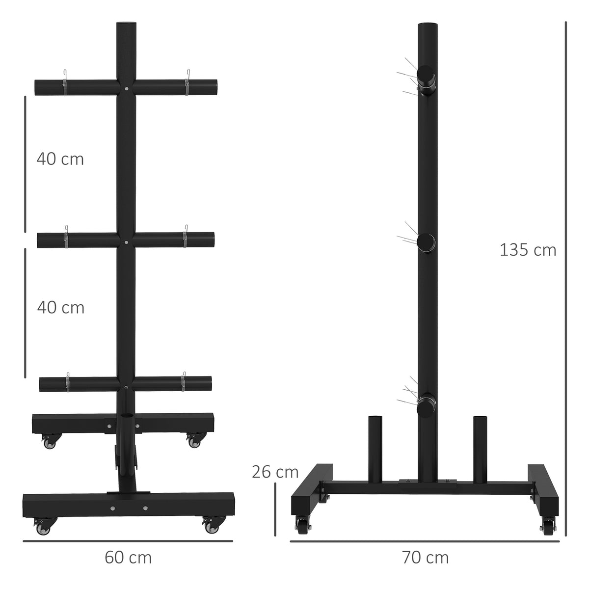 Weight Plate Stand, Weight Stand With Wheels And 6 Bars, 50 Mm Disc Holder, Up To 200 Kg, Steel, Black