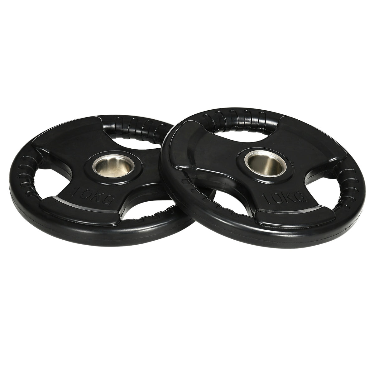 Weight Plates Set Of 2 Tri-Grip 2 X 10 Kg Rubberized Olympic Plates, Floor-Friendly, 5 Cm Bore, Three Handles, Strength Training