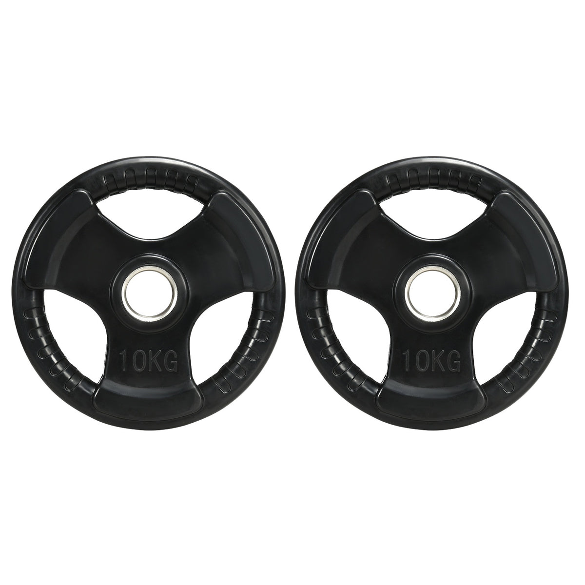 Weight Plates Set Of 2 Tri-Grip 2 X 10 Kg Rubberized Olympic Plates, Floor-Friendly, 5 Cm Bore, Three Handles, Strength Training