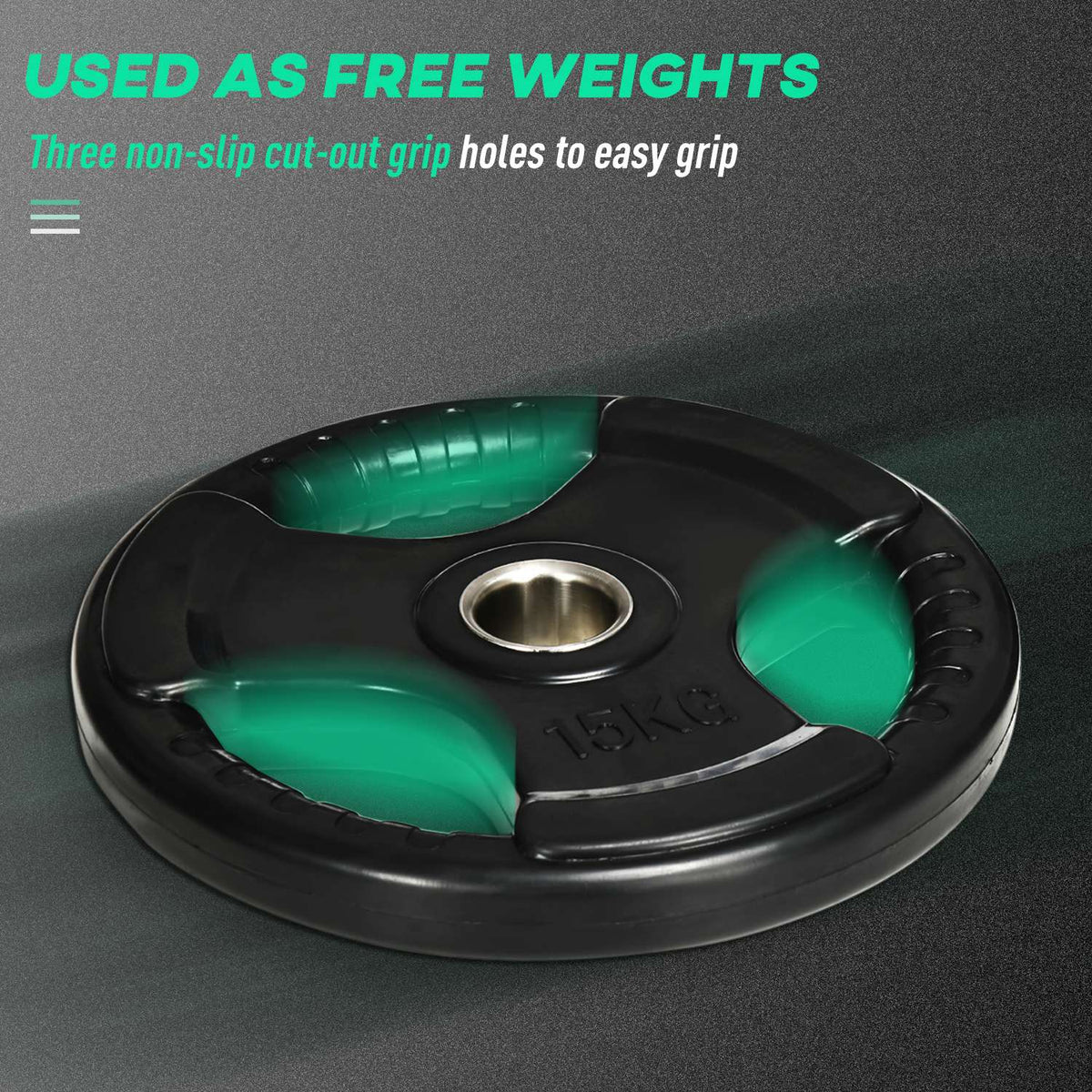 Weight Plates Set Of 2 Tri-Grip 2 X 15 Kg Rubberized Olympic Plates, Floor-Friendly, 5 Cm Bore, Three Handles, Strength Training