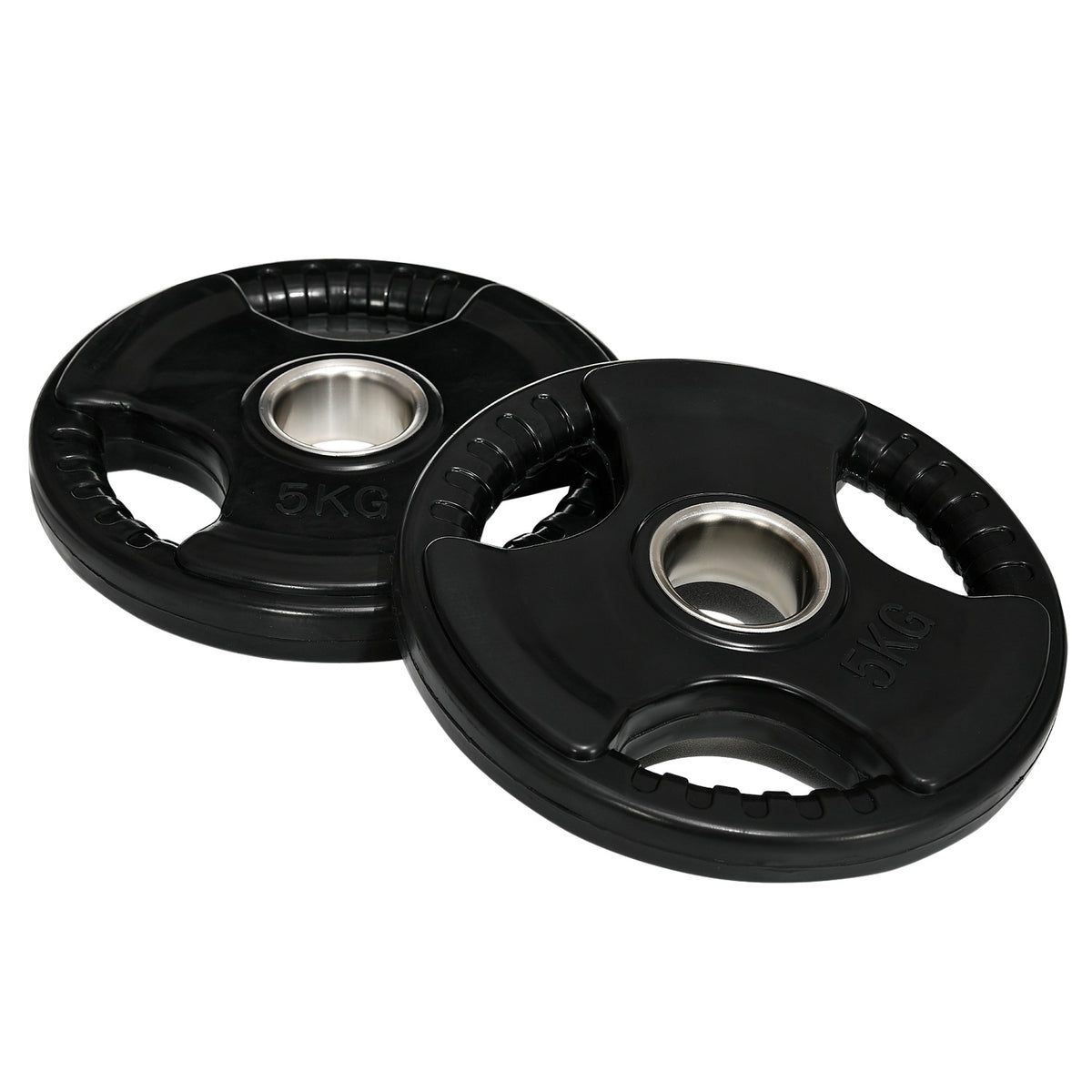Weight Plates Set Of 2 Tri-Grip 2 X 5 Kg Rubberized Olympic Plates, Floor-Friendly, 5 Cm Bore, Three Handles, Strength Training