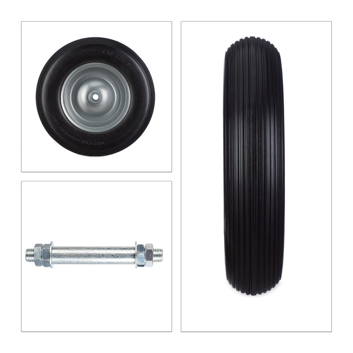 Wheelbarrow wheel made of solid rubber with axle
