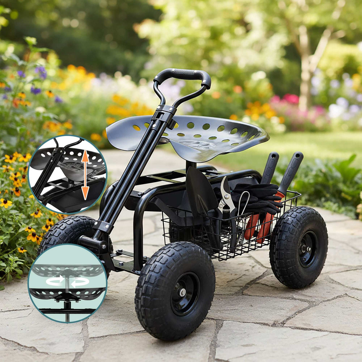 Wheeled Garden Seat with Storage and Adjustable Height