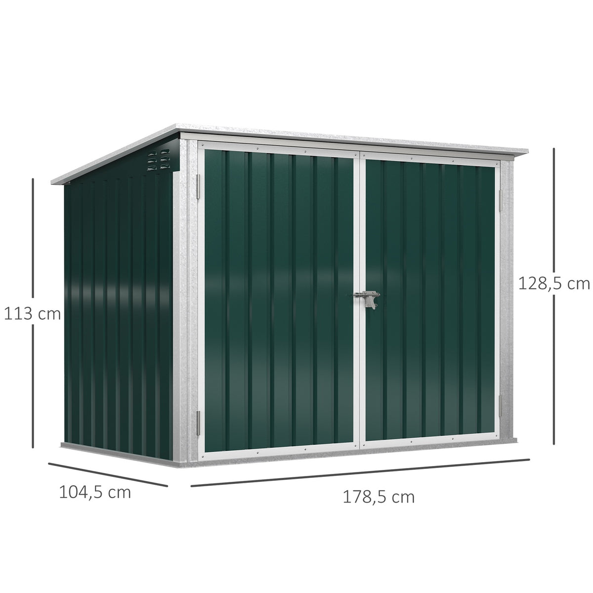 Wheelie Bin Box, Lockable Bin Box For 2 Tonnes, Steel, Green, 178.5 X 104.5 X 128.5/113 Cm