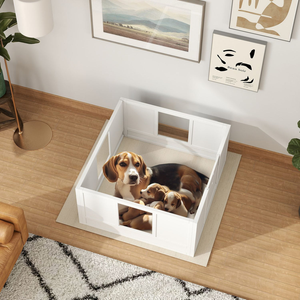 Whelping box for puppies, puppy run with adjustable door, non-slip foot pads, puppy playpen for medium-sized dog breeds, 100 x 96 x 48 cm, white