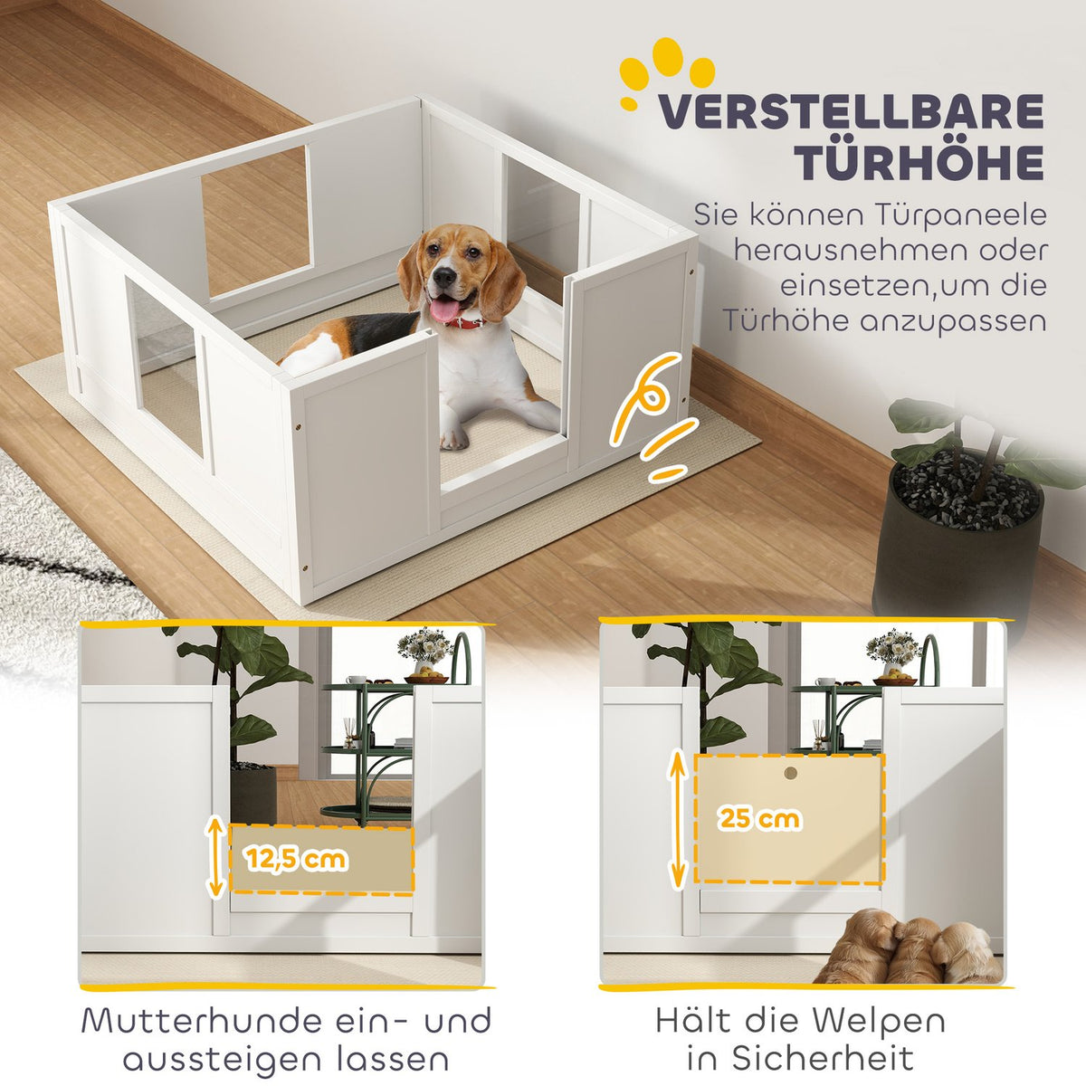 Whelping box for puppies, puppy run with adjustable door, non-slip foot pads, puppy playpen for medium-sized dog breeds, 100 x 96 x 48 cm, white