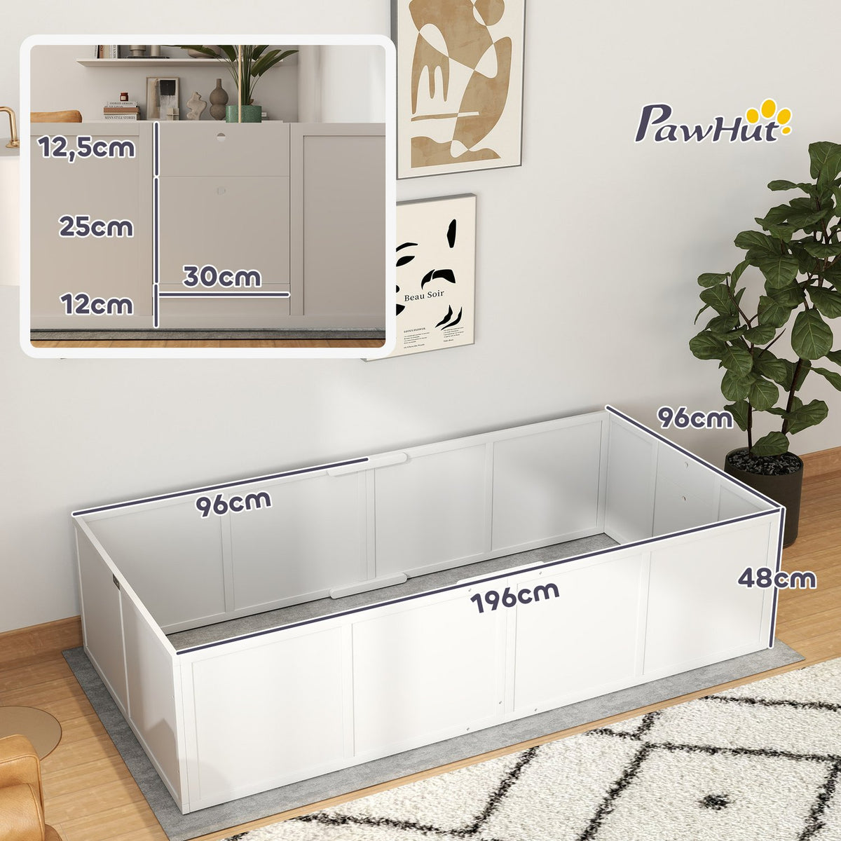 Whelping box for puppies, puppy run with adjustable entrances, non-slip puppy playpen for small to large dogs, 196 x 96 x 48 cm, fir wood, white
