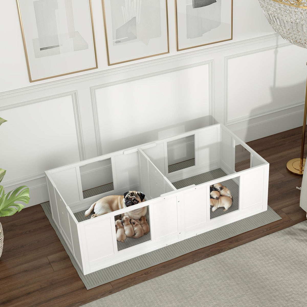 Whelping box for puppies, puppy run with waterproof and washable mat, adjustable door, puppy playpen with 2 room design for small dogs, 164 x 80 x 48 cm, white