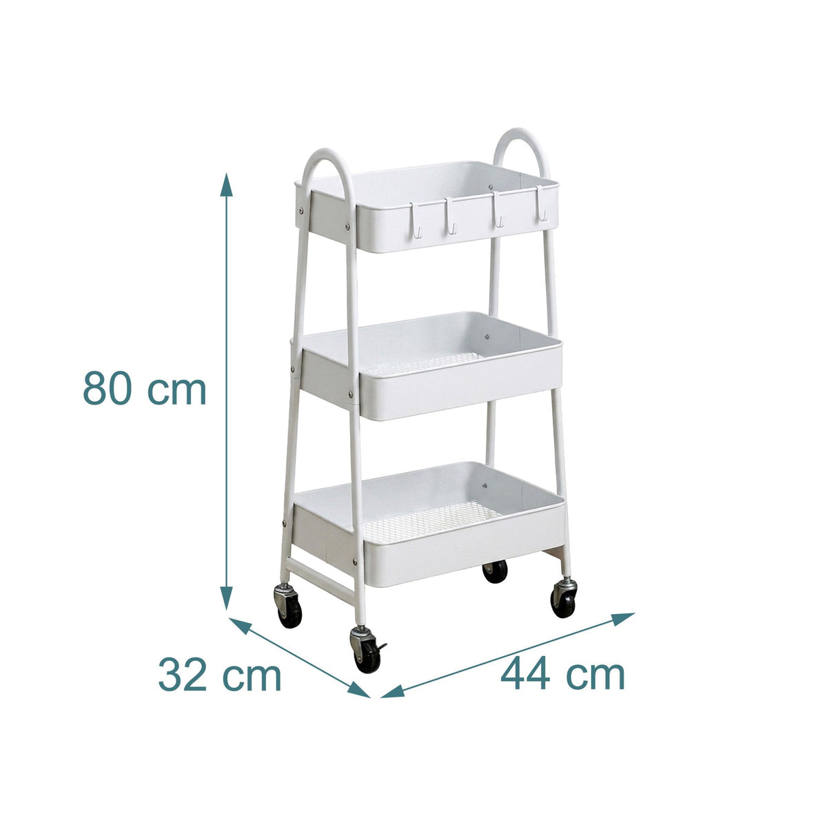 White 3-Tier Storage Trolley with Hooks & Wheels