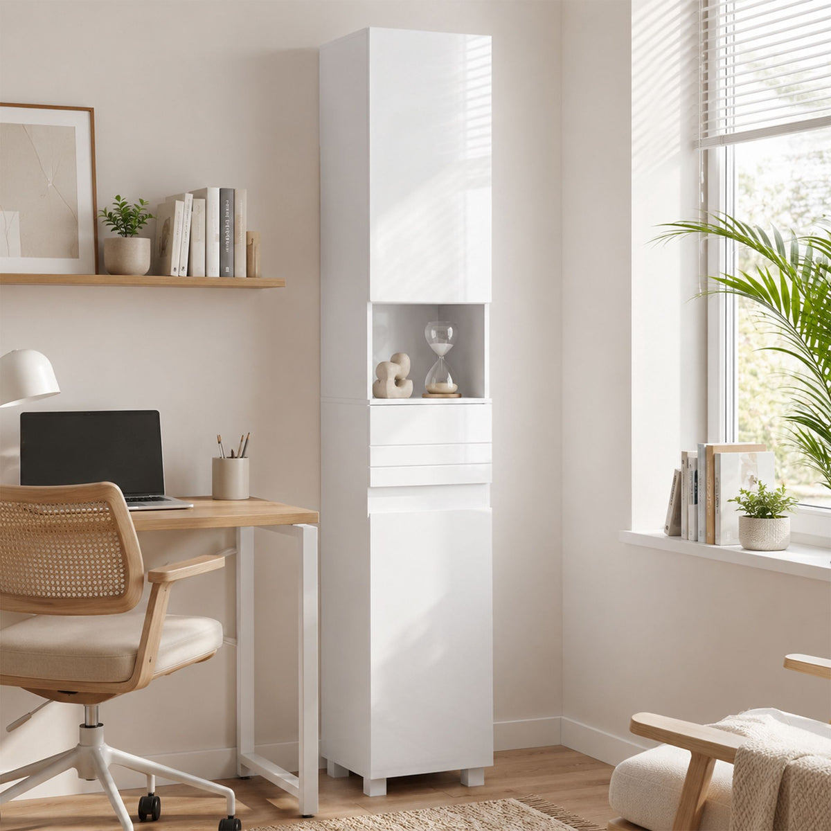 White Bathroom Cabinet with Adjustable Shelves, 30x30x170 cm