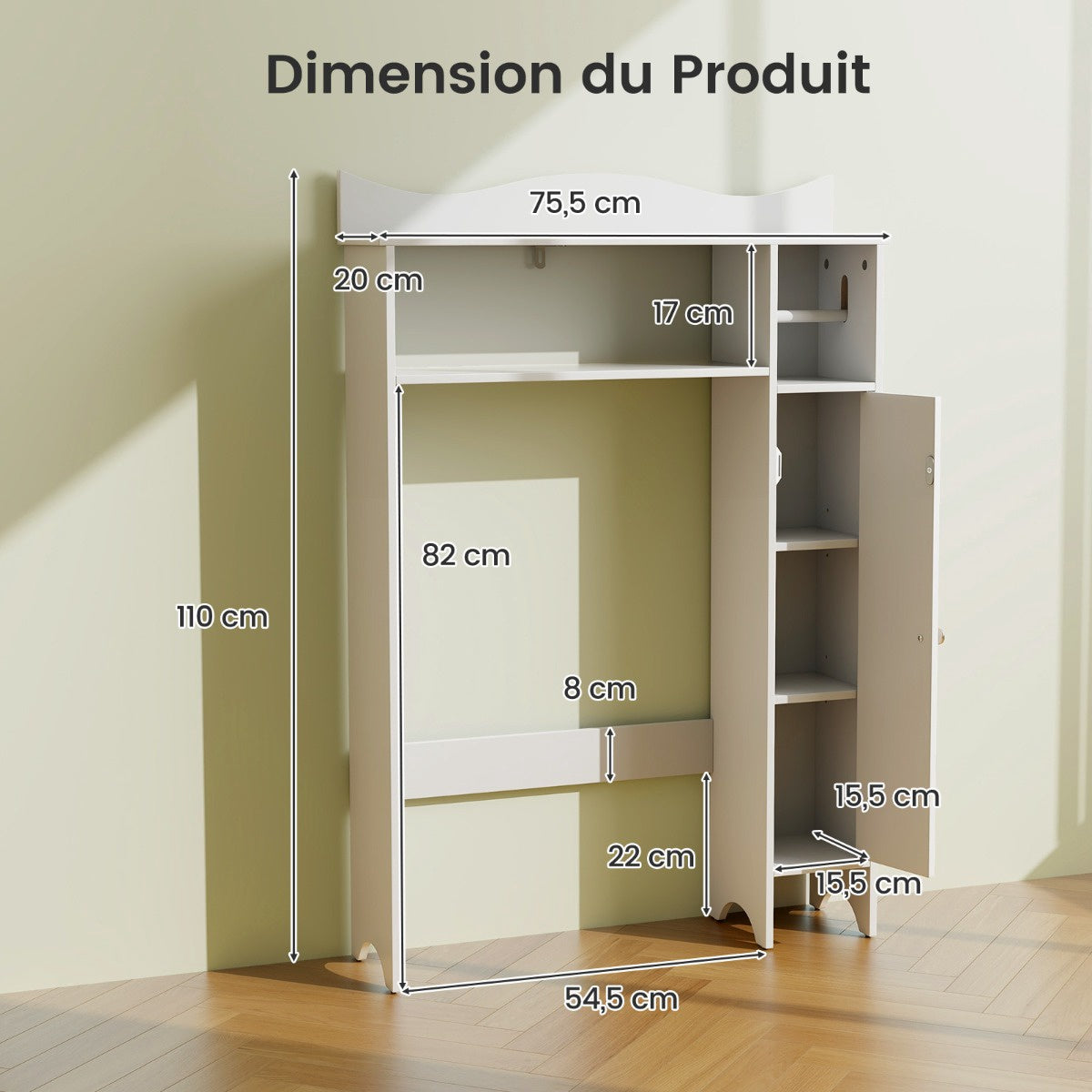 White Bathroom Cabinet with Toilet Paper Holder & Shelves