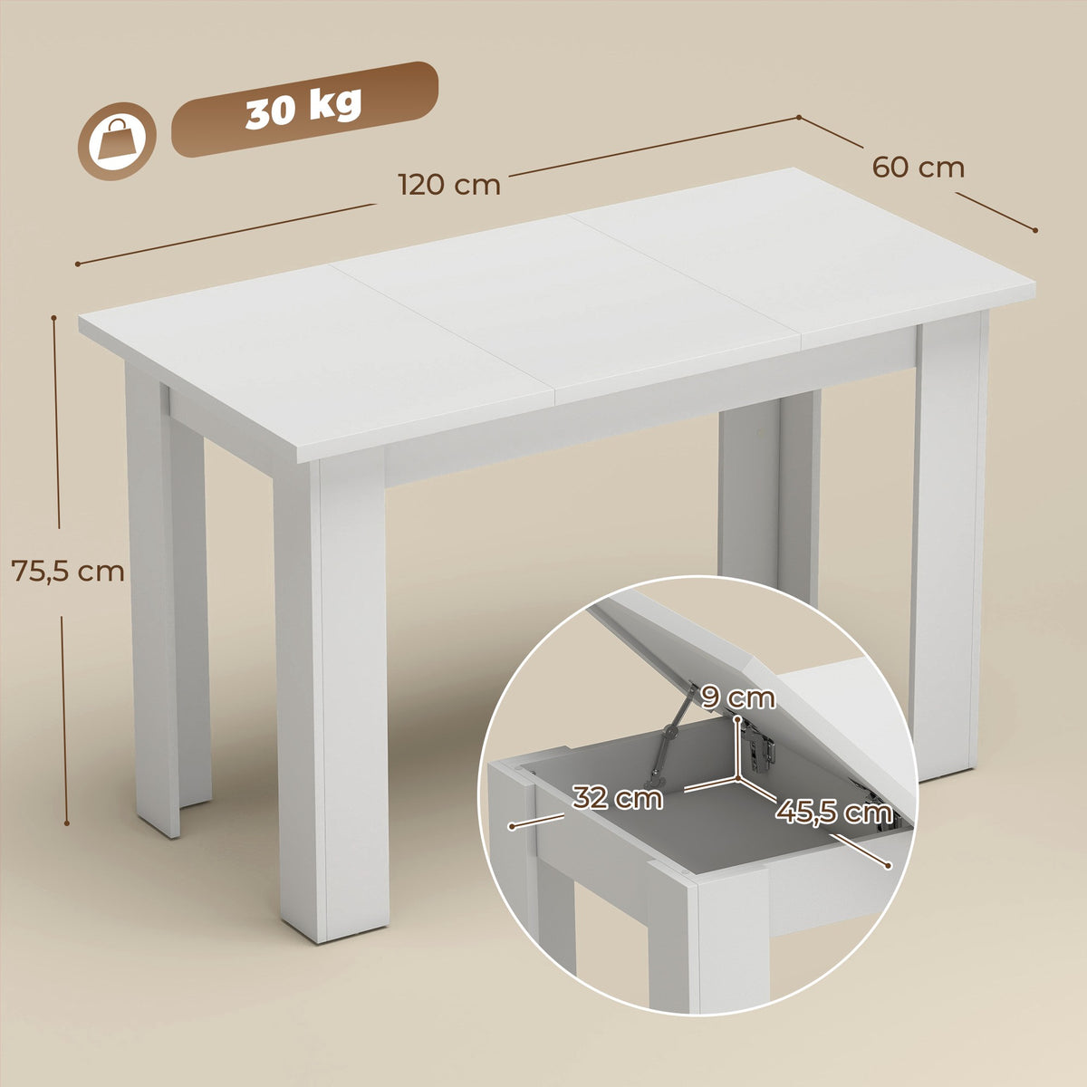 White Dining Table with Hidden Storage, 120x60 cm