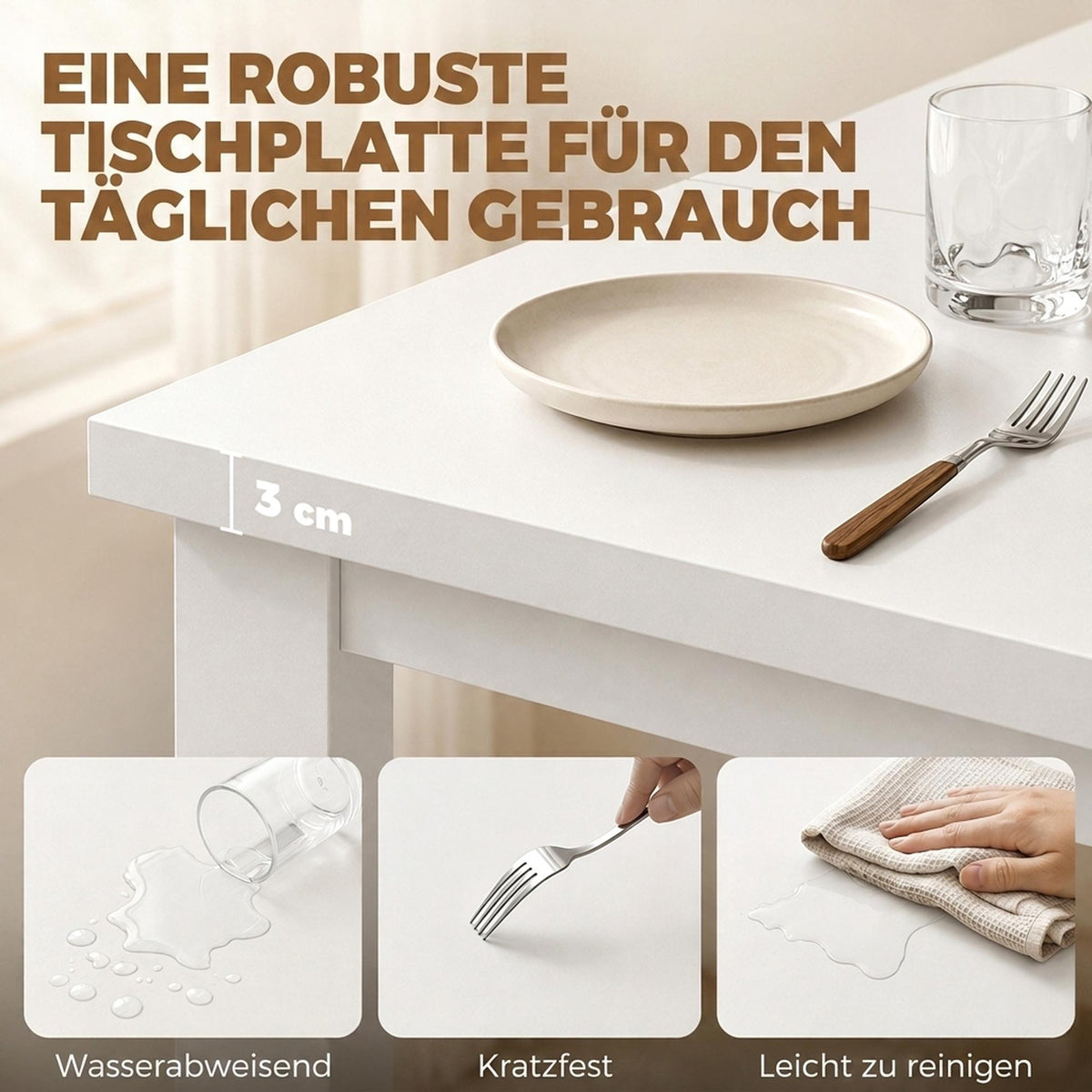 White Dining Table with Hidden Storage, 120x60 cm