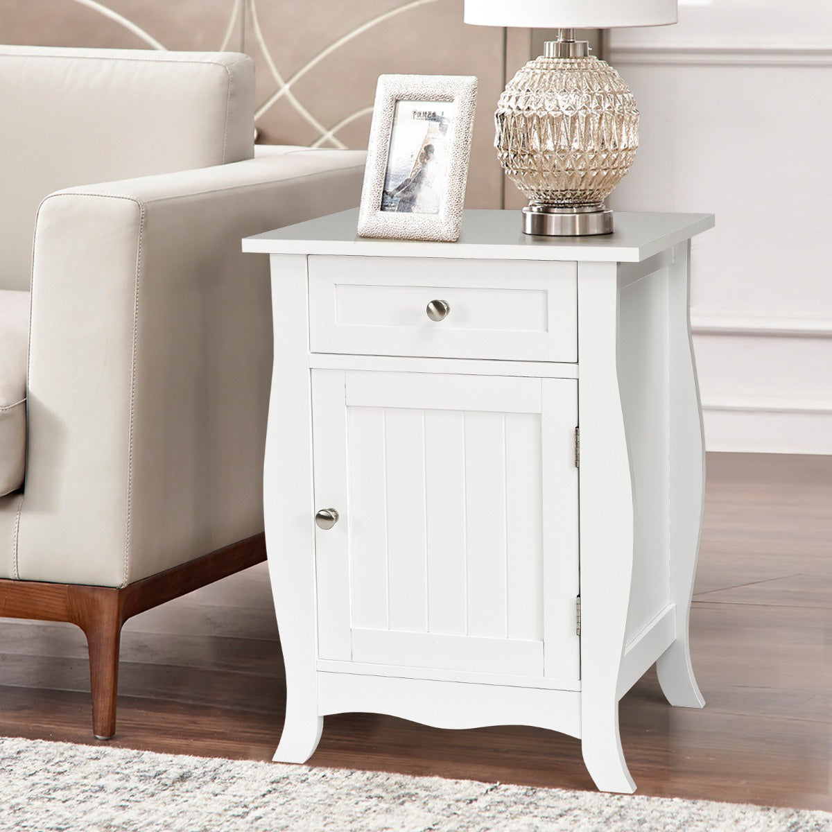 White End Table With Drawer And Door Cabinet, MDF