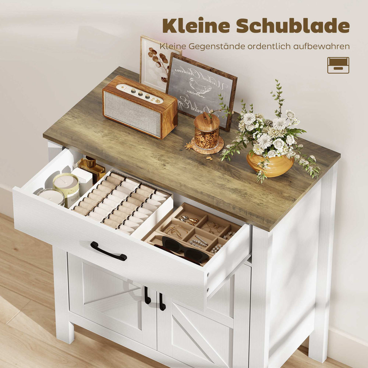 White Farmhouse Sideboard with Sliding Doors and Adjustable Shelf