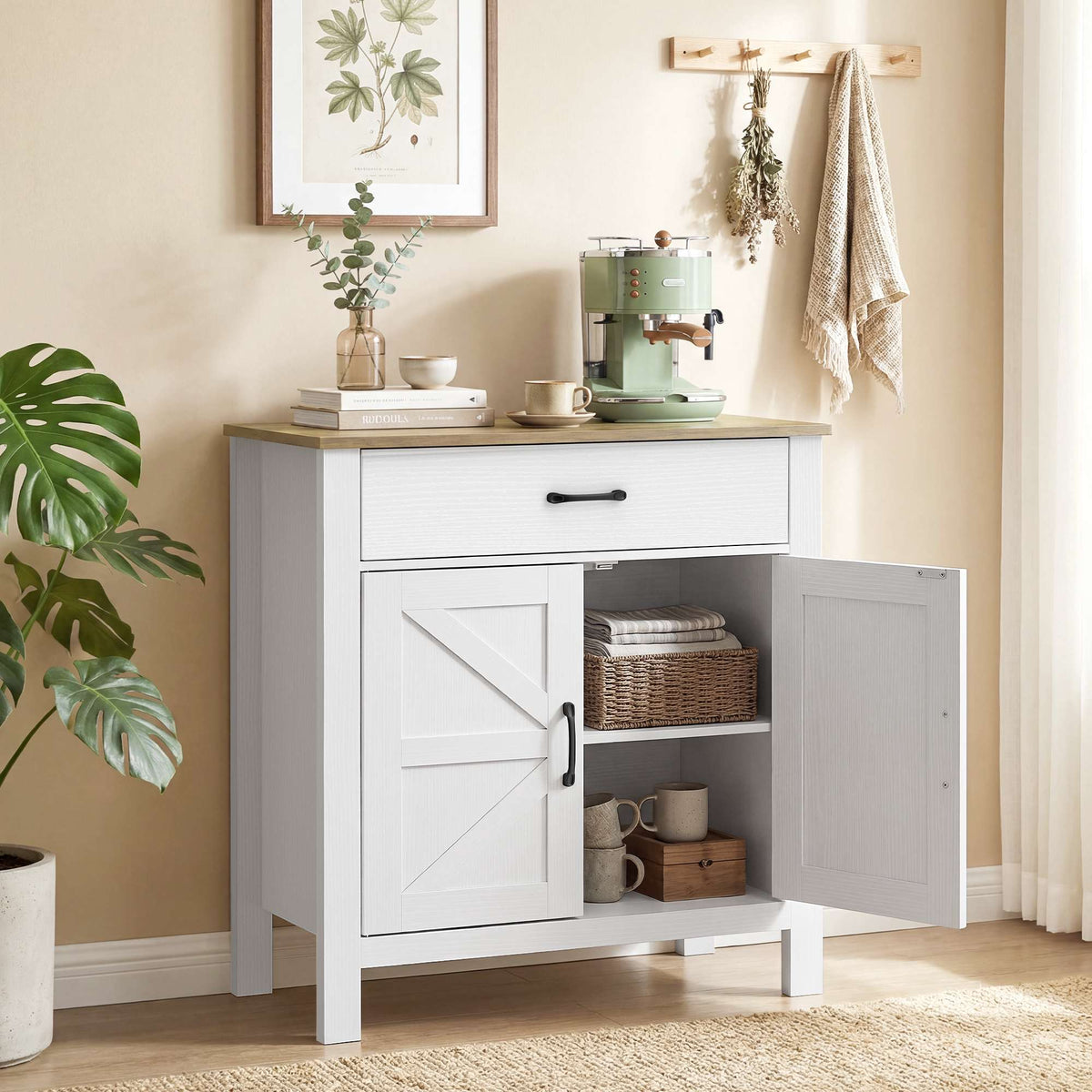 White Farmhouse Sideboard with Sliding Doors and Adjustable Shelf