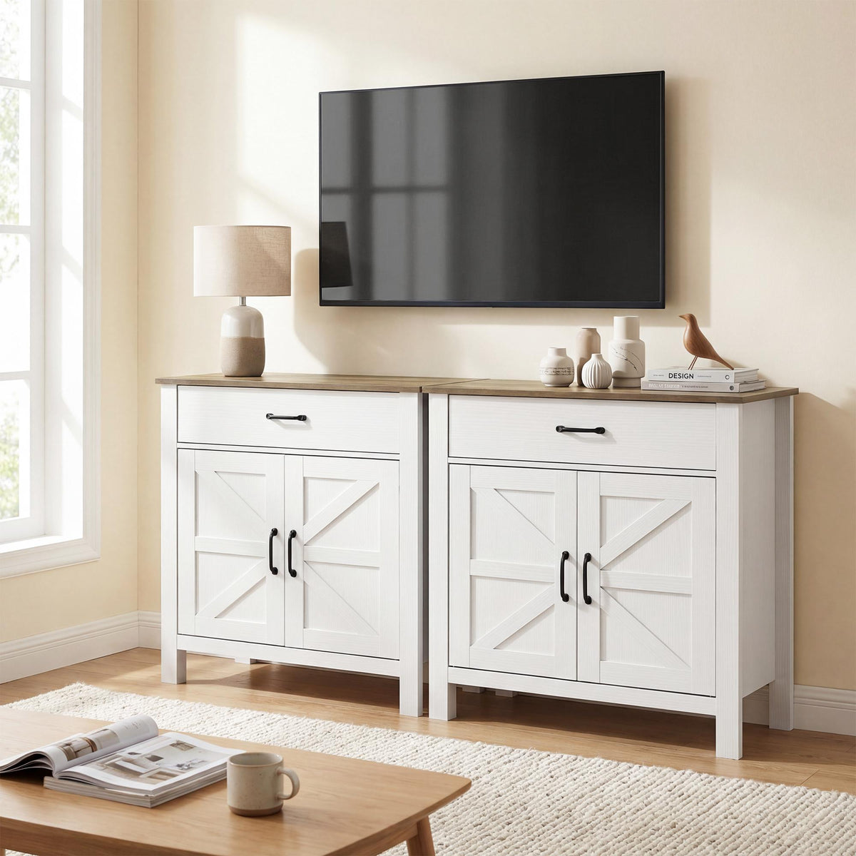 White Farmhouse Sideboard with Sliding Doors and Adjustable Shelf