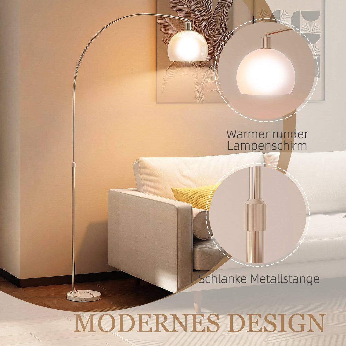 White Floor Lamp, Curved Head, Marble Base, Foot Switch