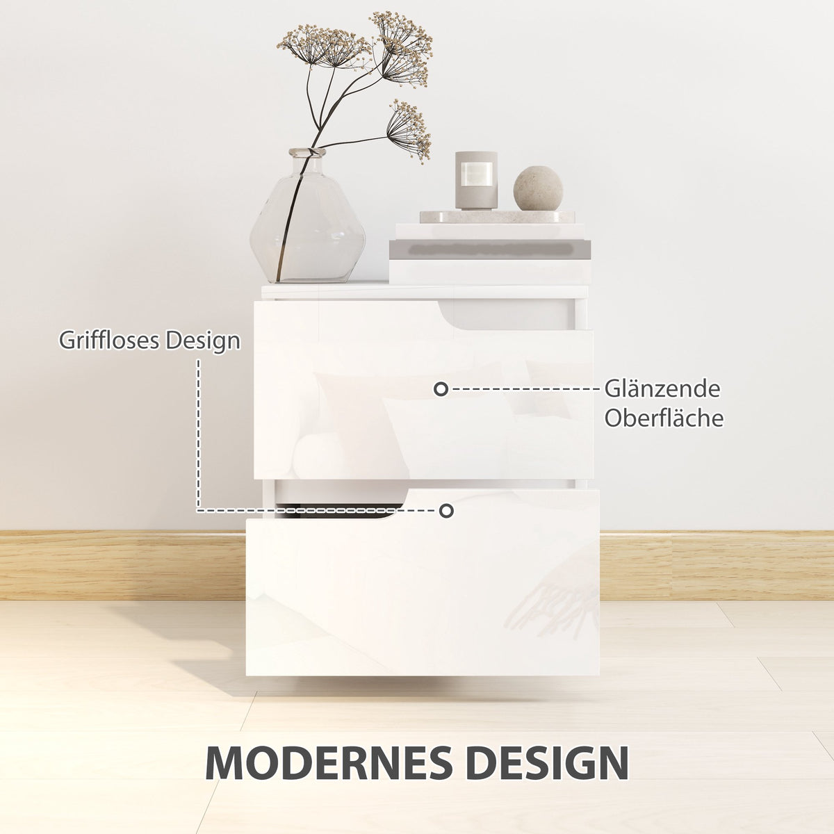 White High-Gloss Nightstand with Drawers, 40x40x48 cm