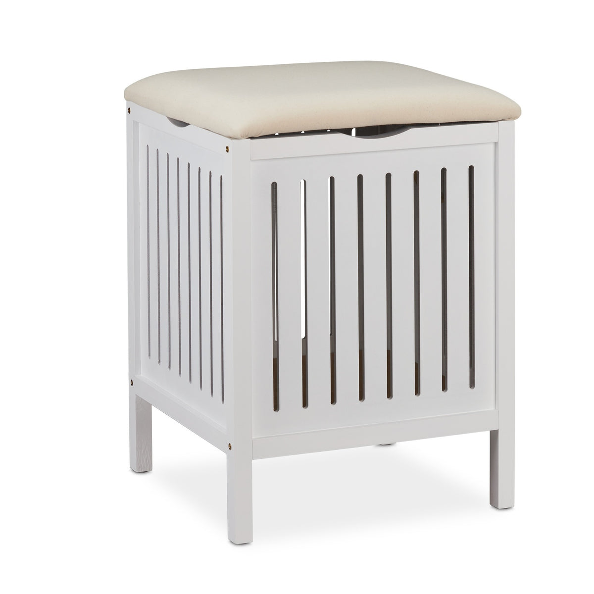 White Laundry Basket Stool with Cushion Seat