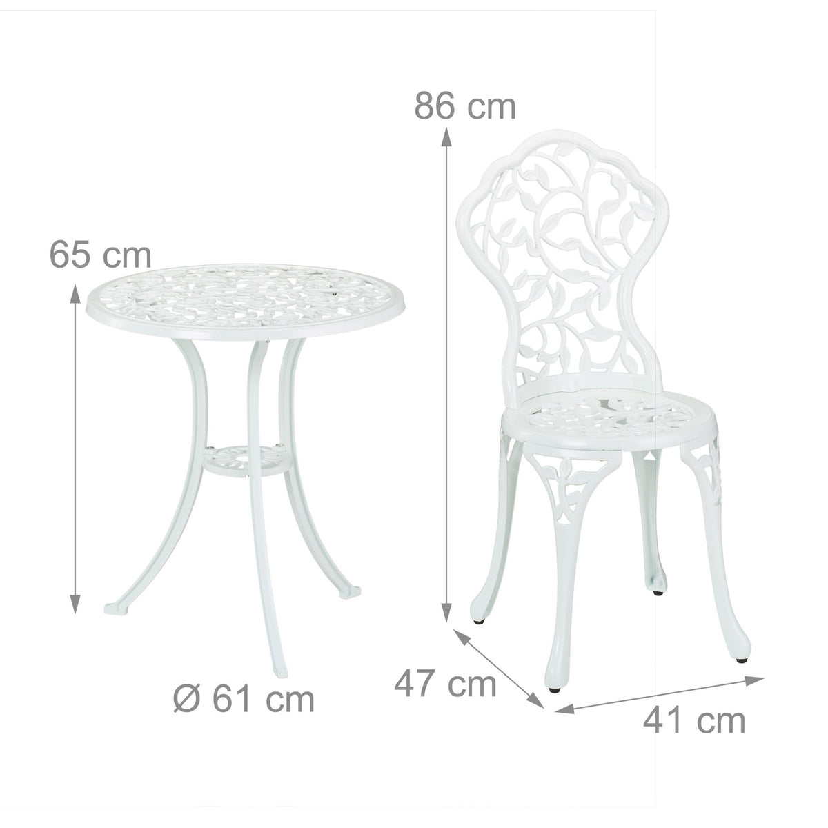 White Metal Bistro Set – Table & 2 Chairs, Leaf Pattern
