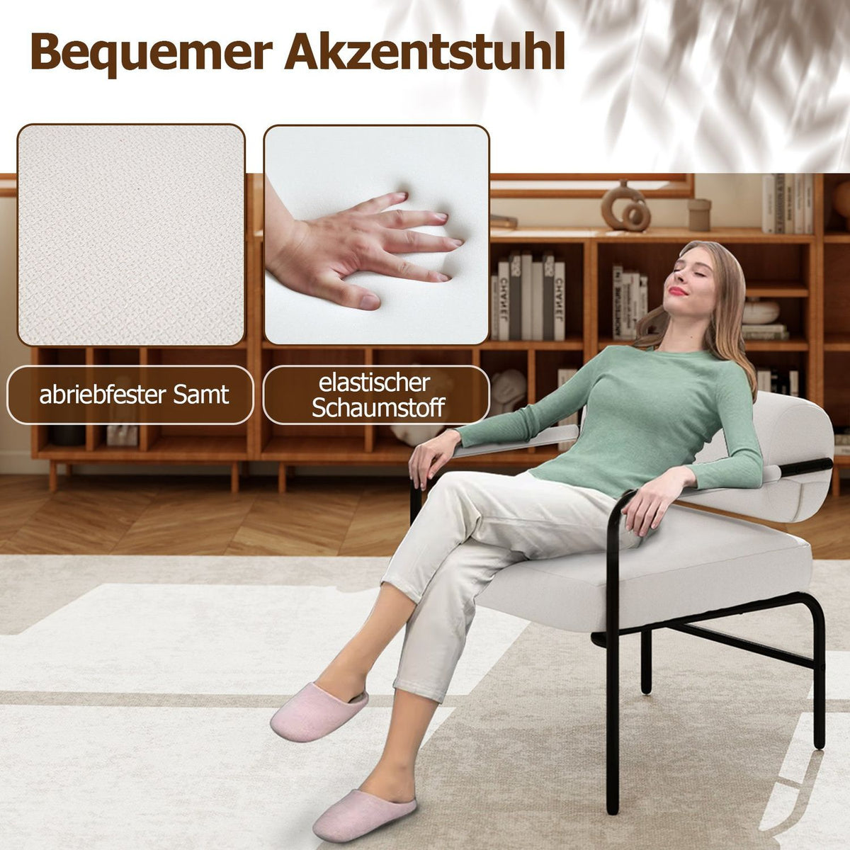 White Modern Lounge Chair with Armrests, Velvet Upholstery