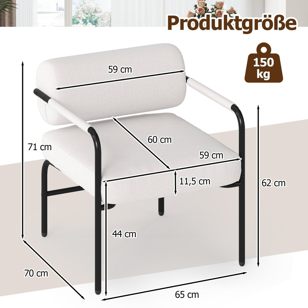 White Modern Lounge Chair with Armrests, Velvet Upholstery