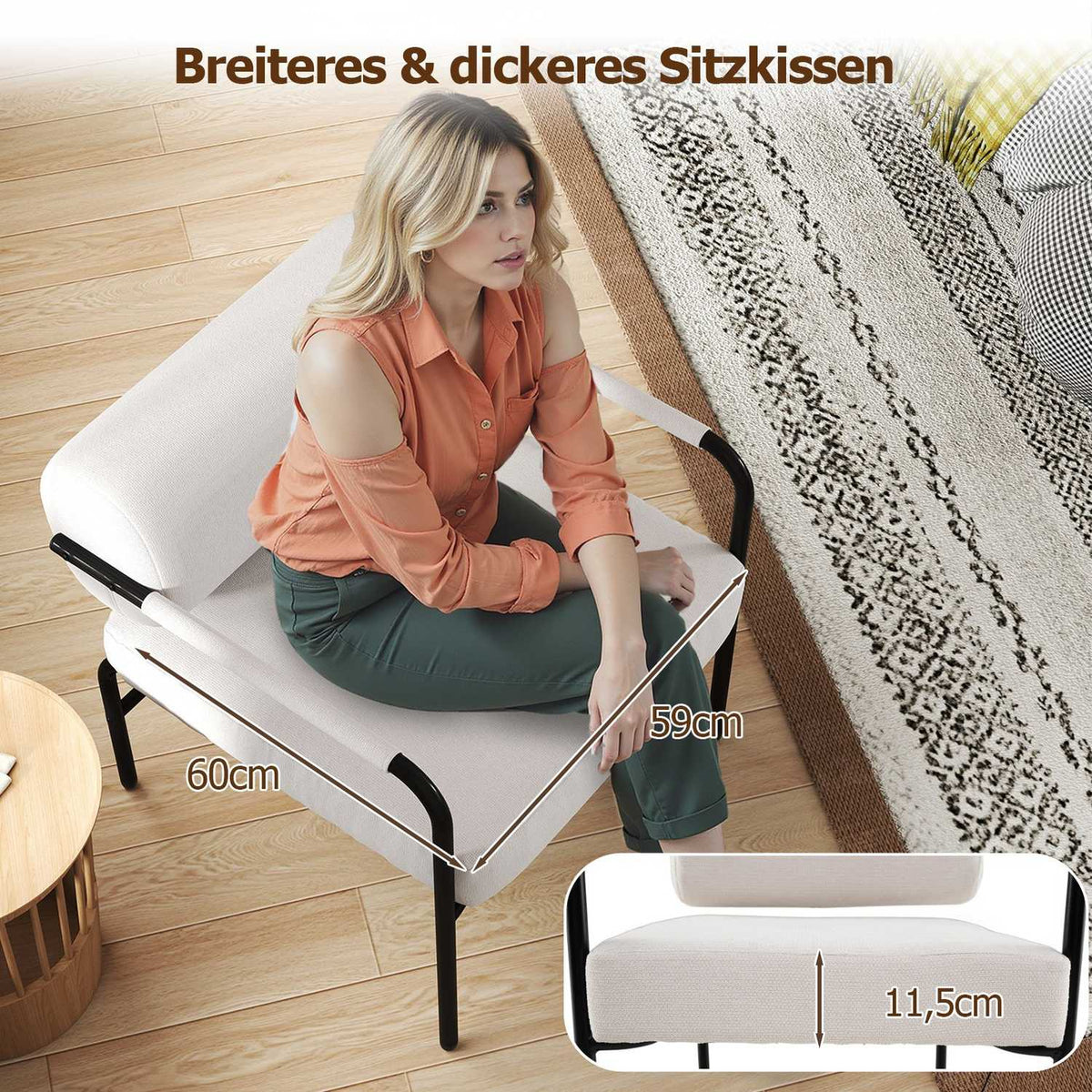 White Modern Lounge Chair with Armrests, Velvet Upholstery