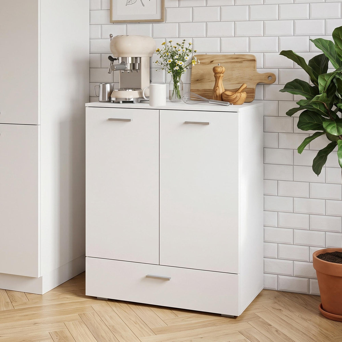 White Modern Sideboard with Drawer and Adjustable Shelf