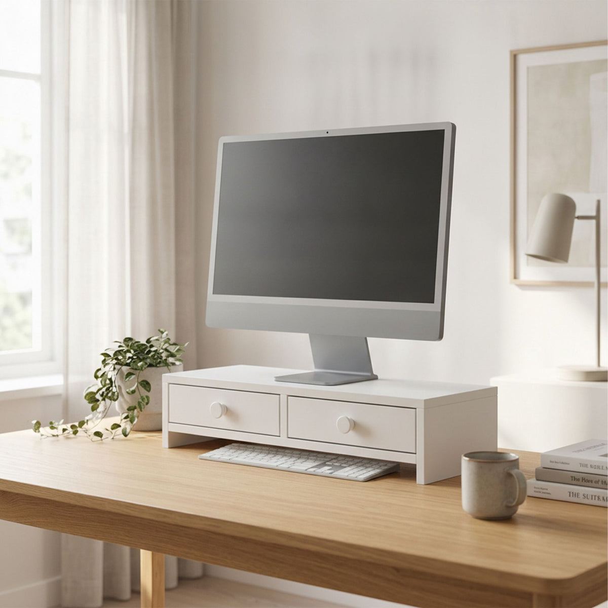 White Monitor Riser with 2 Drawers, MDF Material