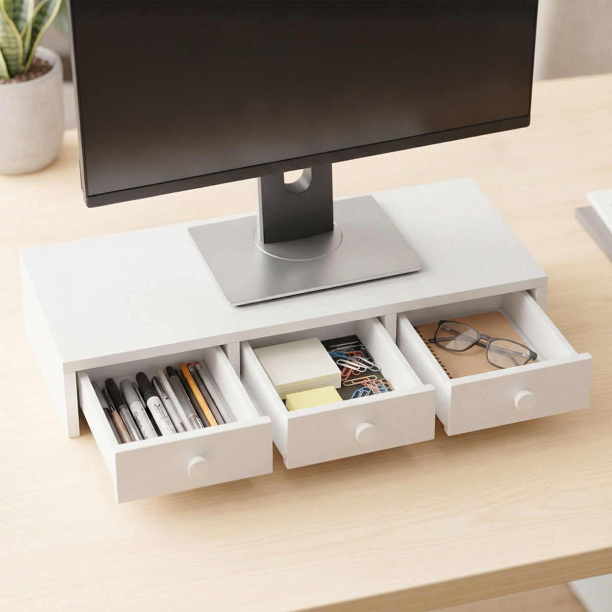 White Monitor Stand with 3 Drawers, MDF Material