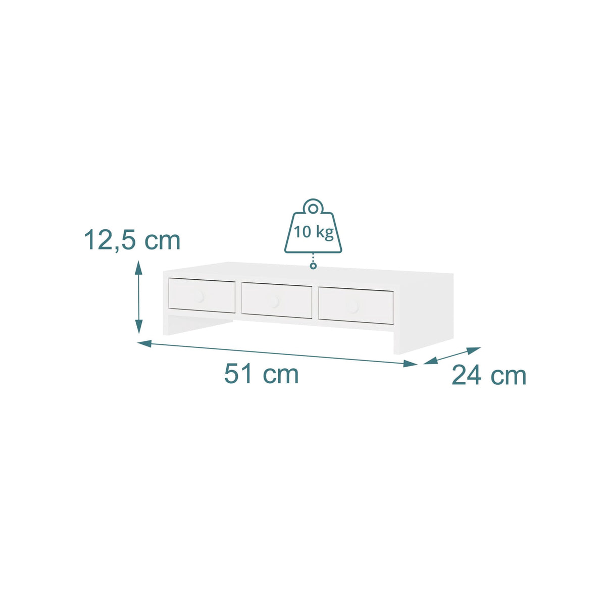 White Monitor Stand with 3 Drawers, MDF Material