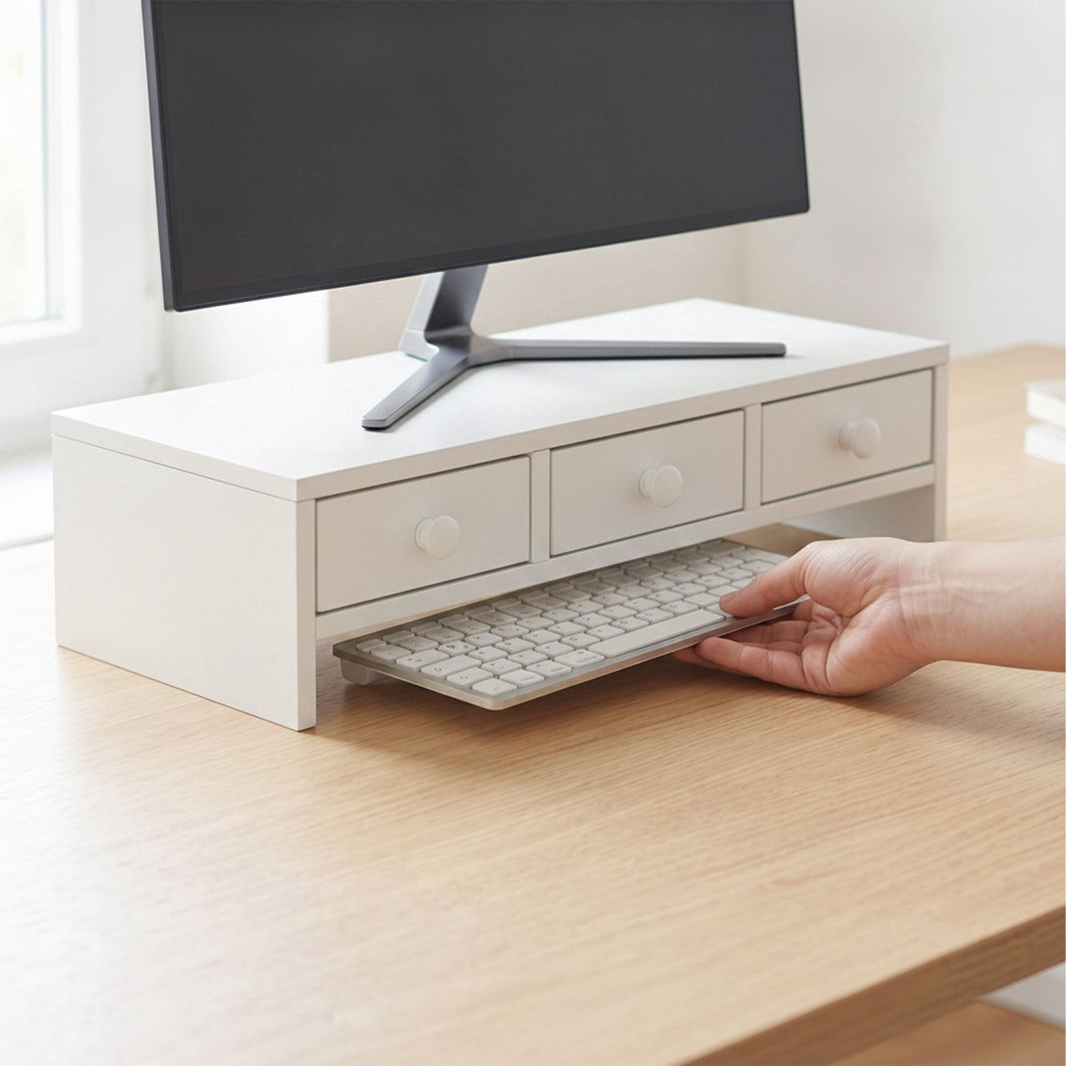 White Monitor Stand with 3 Drawers, MDF Material