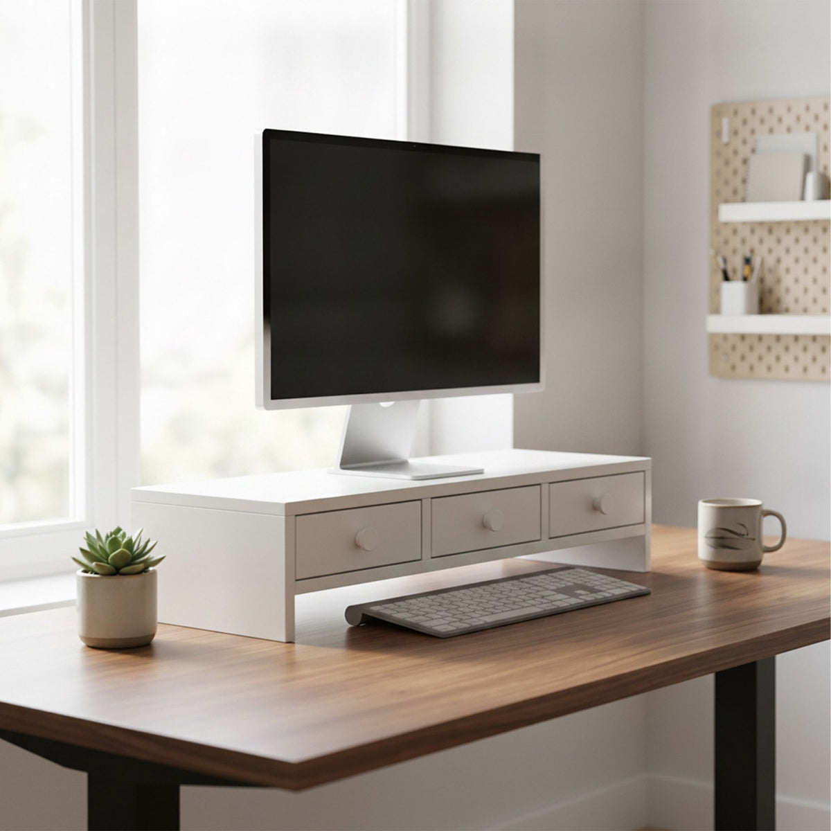 White Monitor Stand with 3 Drawers, MDF Material