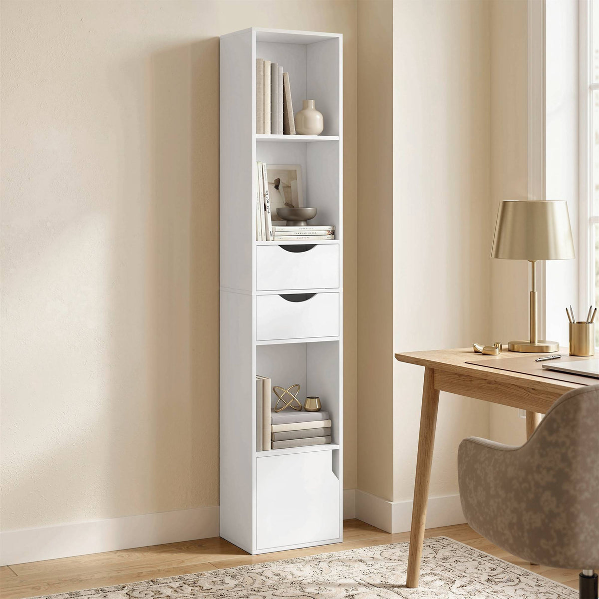 White Narrow Bookshelf with 2 Drawers and Adjustable Shelves