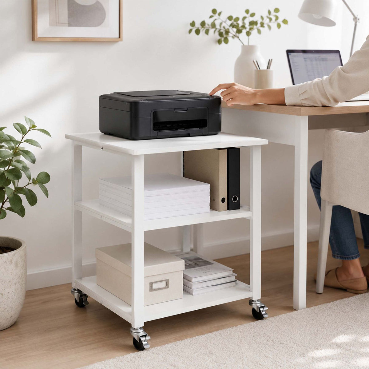 White Printer Stand with Castors – 3-Tier, Under-Desk