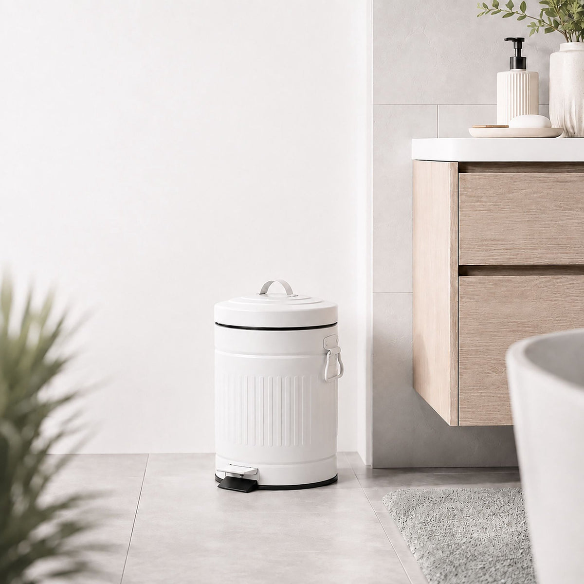 White Retro Bathroom Pedal Bin, 5 Litre Capacity