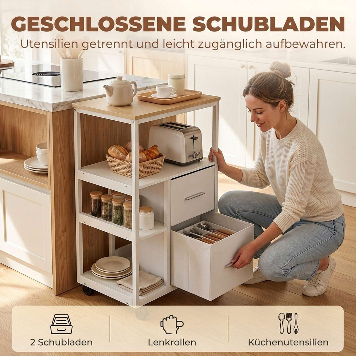 White Rolling Kitchen Cart with 2 Drawers and Open Shelf