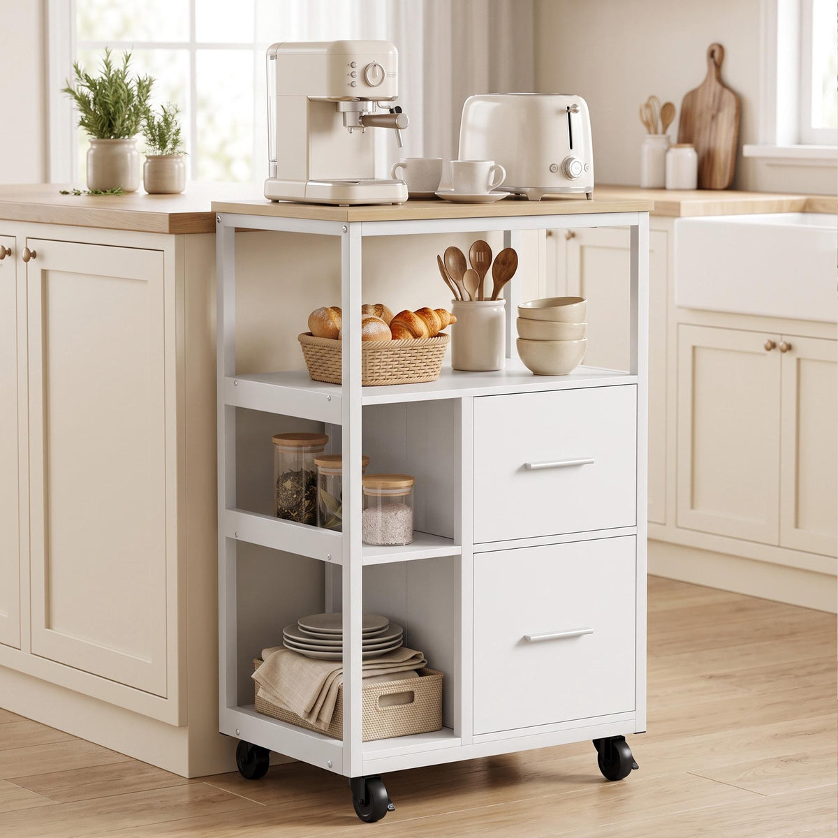 White Rolling Kitchen Cart with 2 Drawers and Open Shelf