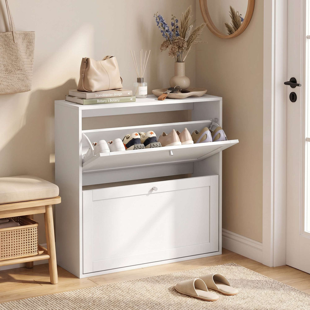 White Shoe Cabinet with 2 Adjustable Shelves for 8 Pairs