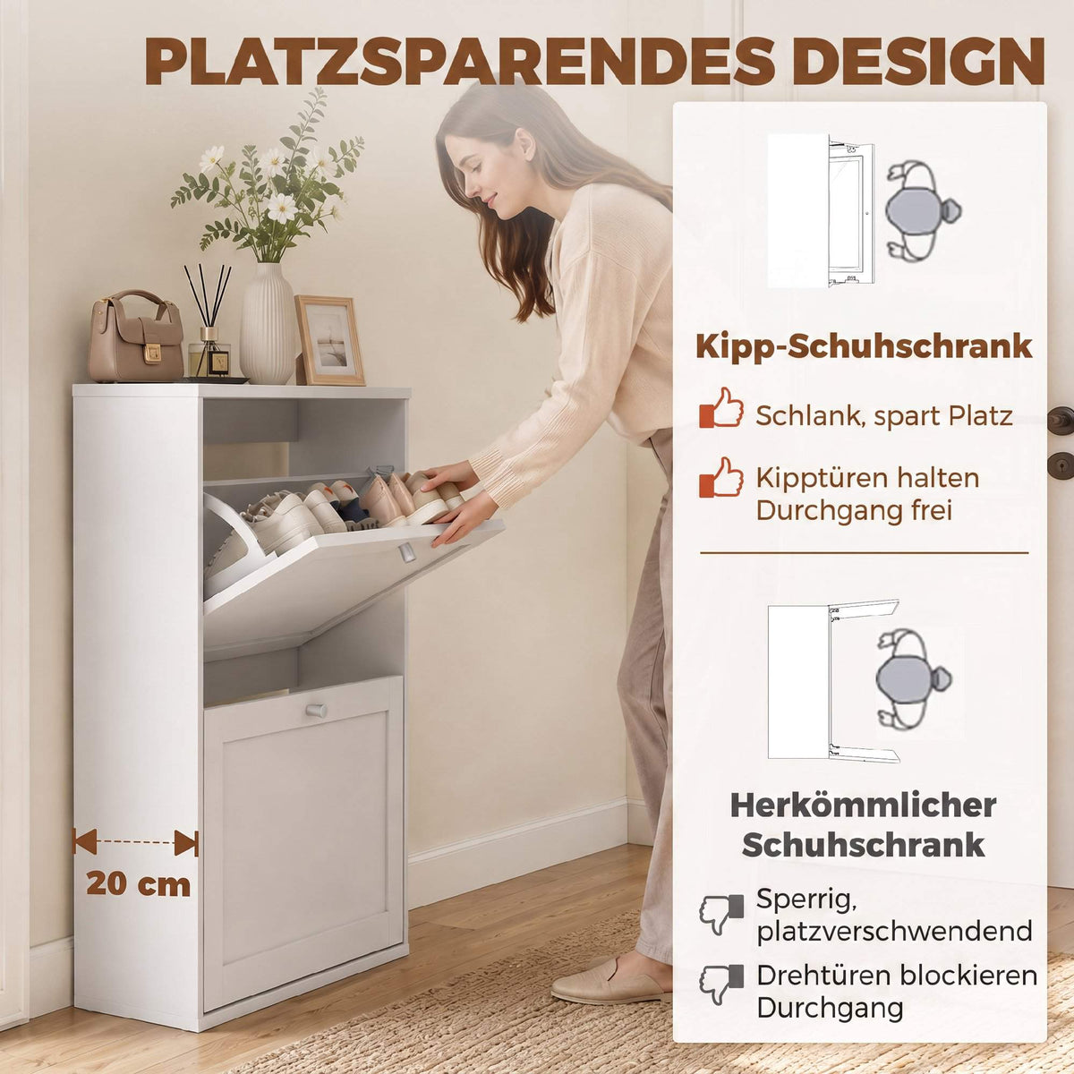 White Shoe Cabinet with 2 Adjustable Shelves for 8 Pairs