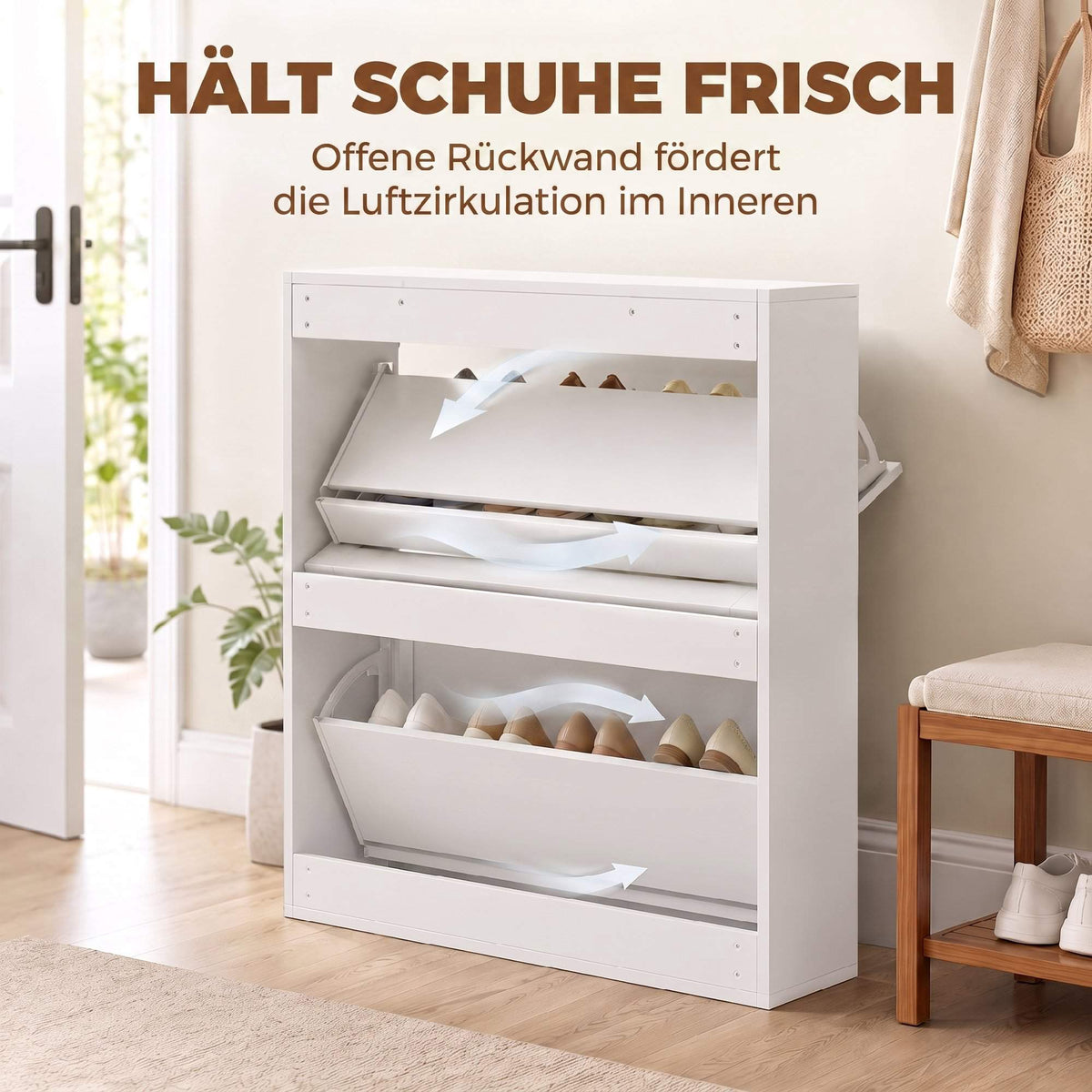 White Shoe Cabinet with 2 Adjustable Shelves for 8 Pairs