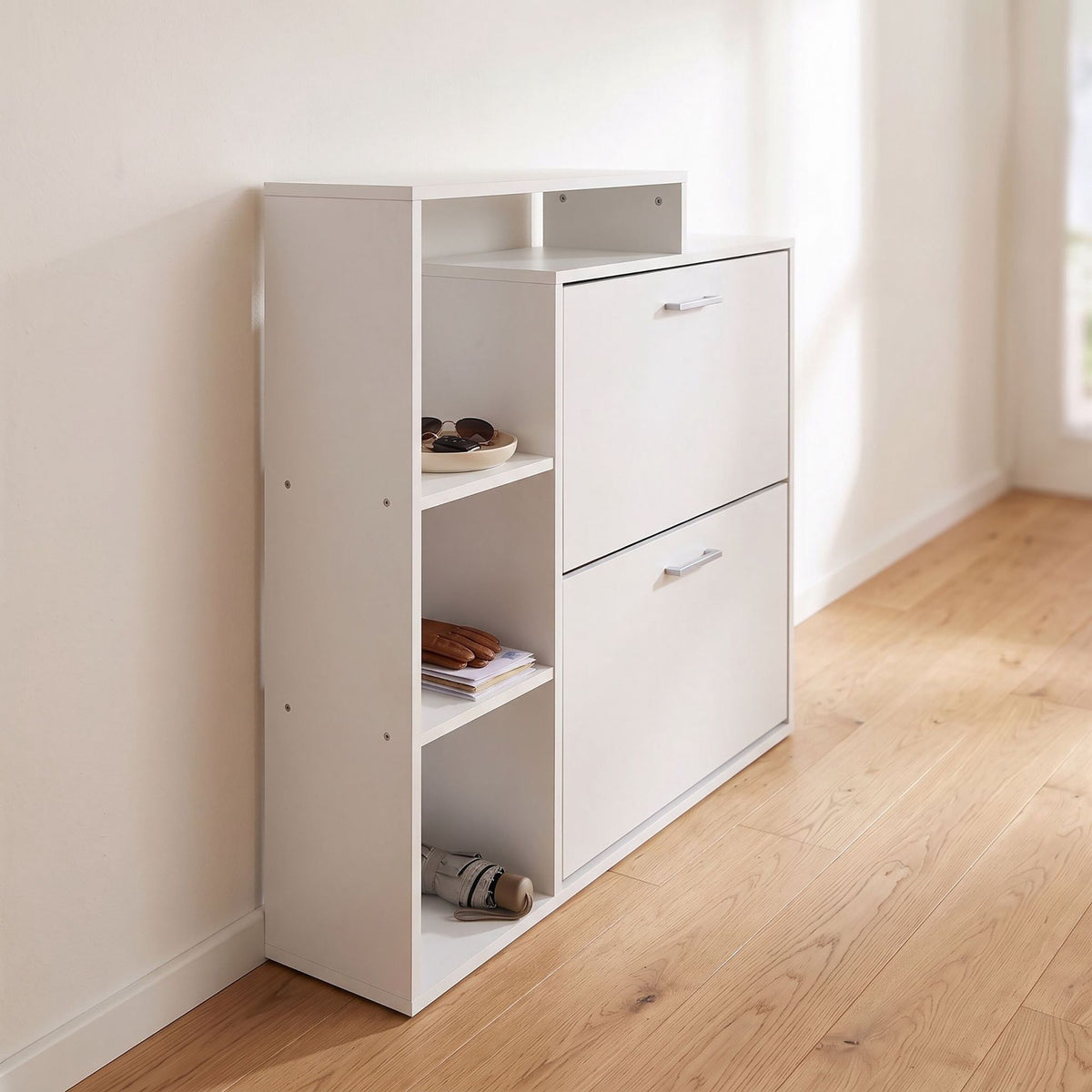 White Shoe Cabinet with 2 Flaps – Compact Hallway Storage