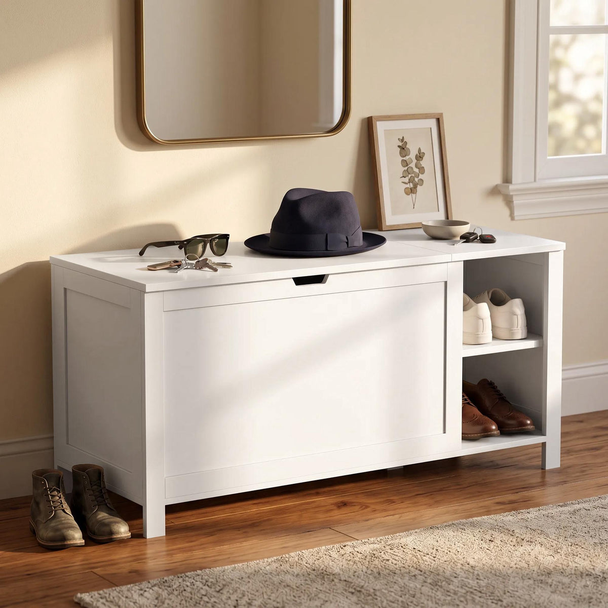 White Shoe Storage Bench with Adjustable Shelf and Seat
